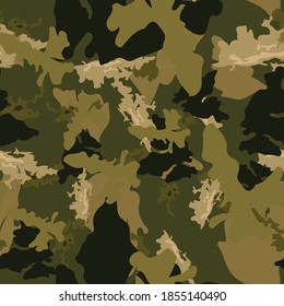 Forest camouflage of various shades of green, brown and beige colors. It is a colorful seamless pattern that can be used as a camo print for clothing and background and backdrop or computer wallpaper