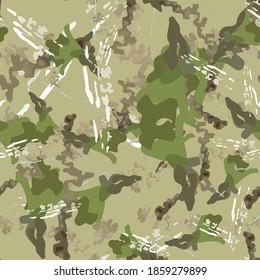 Forest camouflage of various shades of green, brown and white colors. It is a colorful seamless pattern that can be used as a camo print for clothing and background and backdrop or computer wallpaper