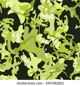 Forest camouflage of various shades of green adn white colors. It is a colorful seamless pattern that can be used as a camo print for clothing and background and backdrop or computer wallpaper