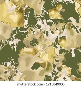 Forest camouflage of various shades of green, yellow and beige colors. It is a colorful seamless pattern that can be used as a camo print for clothing and background and backdrop or computer wallpaper