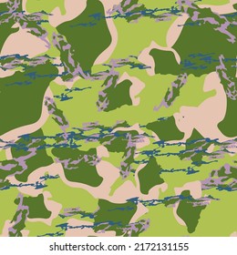 Forest camouflage of various shades of green, beige and blue colors. It is a colorful seamless pattern that can be used as a camo print for clothing and background and backdrop or computer wallpaper