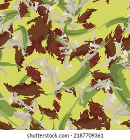 Forest camouflage of various shades of green, beige and brown colors. It is a colorful seamless pattern that can be used as a camo print for clothing and background and backdrop or computer wallpaper