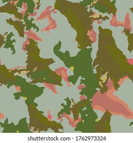 Forest camouflage of various shades of grey, pink and green colors. It is a colorful seamless pattern that can be used as a camo print for clothing and background and backdrop or computer wallpaper
