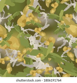 Forest camouflage of various shades of grey, green and yellow colors. It is a colorful seamless pattern that can be used as a camo print for clothing and background and backdrop or computer wallpaper