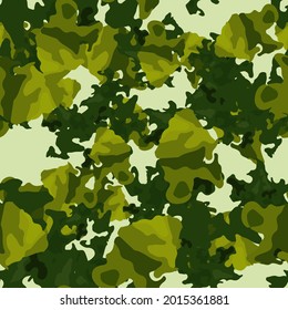 Forest camouflage of various shades of light green and dark green colors. It is a colorful seamless pattern that can be used as a camo print for clothing and background and backdrop or computer wallpa