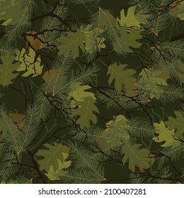 Camuflaje forestal. Imagen vectorial para ropa. Ramas arbóreas, hojas, bellotas.