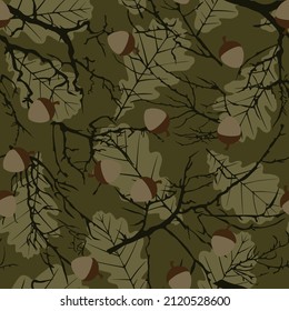 Forest camouflage with vects, acorns, leaves. Swamp color. Protective cloth. Active recreation.