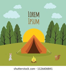 Forest Camp Background with Brown Tent and Camp fire