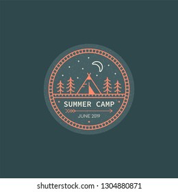 Forest camp badge design. Line art illustration. Trekking, camping emblem.