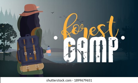 Forest camp banner. A girl with a tourist backpack looks into the distance. Landscape with a lake, forest, fire, pine tree and tent. Flat vector illustration of tourism and recreation in the wild.