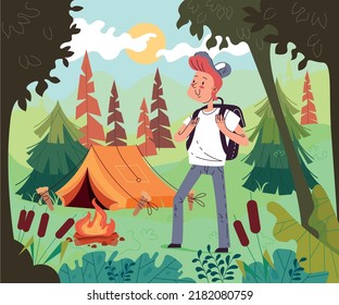Forest camp camping activity vacation hiking landscape travel hiking concept. Vector cartoon design element illustration