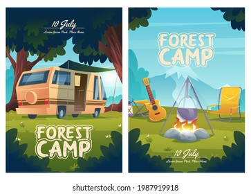 Forest camp cartoon flyers, invitation to summer camping. Rv caravan, campfire with pot and guitar on mountain view. Summertime traveling, trip, hiking outdoor activities, nature relax vector posters