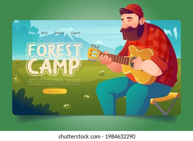 Forest camp cartoon landing page, man tourist playing guitar on mountain landscape background. Summer camping, leisure, vacation hiking or traveling activity, touristic agency ad Vector web banner