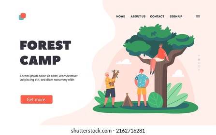 Forest Camp Landing Page Template. Children Characters Building Hut or Tree House, Little Boys Playing on Nature, Constructing House of Branches. Kids Summer Games. Cartoon People Vector Illustration