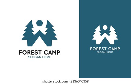 Design des Waldcamps-Logos. Zelten mit Zelt-, Pinien- und Sonne- oder Mondsymbol