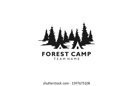 Forest camp logo design for outdoor hobbies. Trees and dome shape symbol sign for emblem. retro vintage silhouette element. Vector illustration