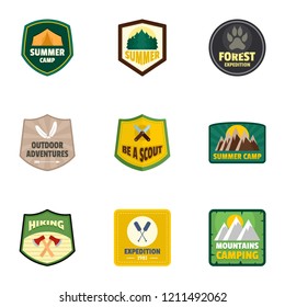 Forest camp logo emblem set. Flat set of 9 forest camp vector logo emblem for web design