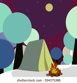 Forest camp at night with a tent and a bonfire, vector