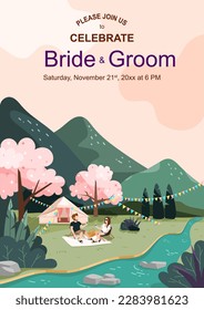 Forest camp poster with couple, Wedding invitation card. Vector banner with cartoon landscape with Sakura trees, campsite on green grass and mountains on background