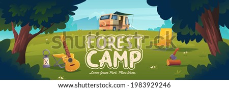 Forest camp poster with van, chair and guitar. Concept of travel, hiking and activity vacation. Vector banner with cartoon landscape with trees, campsite on green grass and mountains on background