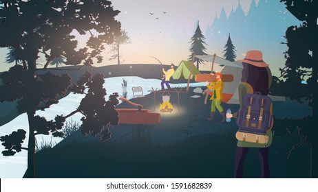 Forest Camp. Rest in the forest with tents. Food at the stake, fishing, fisherman, lumberjack, tents. Dawn in the forest with a river. Camping concept. Vector illustration.