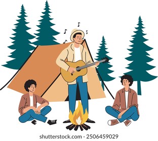 Forest camp scene with tents with playing guitar and campers around campfire. Tourists in wild nature, campground on holidays. Flat vector illustration