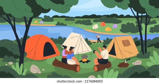 Forest camp scene with tents, river and campers around campfire. Summer landscape with people resting campsite outdoors. Tourists in wild nature, campground on holidays. Flat vector illustration