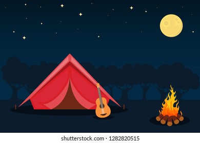 Forest Camp With Tent, Bonfire. Camping Site With Campfire At Night And Guitar. Meadow With Camping In Night. Tent, Bonfire, Trees, Sky, Moon And Stars.