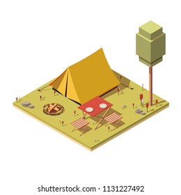 Forest camp with tent, bonfire, table and chair. Isometric 3d vector illustration.