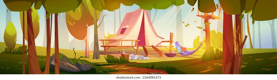 Forest camp tent near tree summer travel background. Outdoor adventure scene for nature campsite illustration. Trekking and picnic cartoon banner. Sunny day concept for weekend activity and recreation