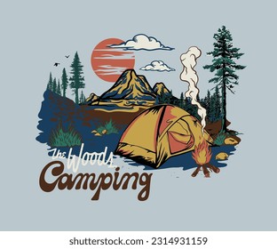forest camping adventure vector design, camping tent, campfire, pine tree, summer mountain graphic print for t shirt, sticker, poster, 