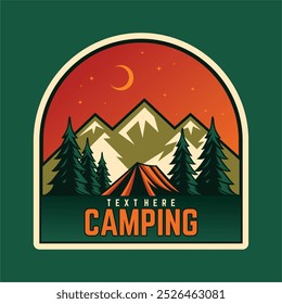 Projeto de vetor de aventura de acampamento da floresta, barraca de acampamento, fogueira, pinheiro, impressão gráfica de montanha de verão para t shirt, adesivo, cartaz, logotipo