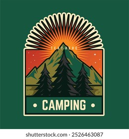 Forest camping adventure vector design, camping tent, campfire, pine tree, summer mountain graphic print for t shirt, sticker, poster, logo
