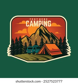 Projeto de vetor de aventura de acampamento da floresta, barraca de acampamento, fogueira, pinheiro, impressão gráfica de montanha de verão para t shirt, adesivo, cartaz, logotipo