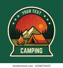 Forest camping adventure vector design, camping tent, campfire, pine tree, summer mountain graphic print for t shirt, sticker, poster, logo