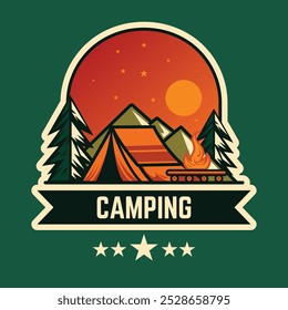 Forest camping adventure vector design, camping tent, campfire, pine tree, summer mountain graphic print for t shirt, sticker, poster, logo