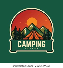 Forest camping adventure vector design, camping tent, campfire, pine tree, summer mountain graphic print for t shirt, sticker, poster, logo