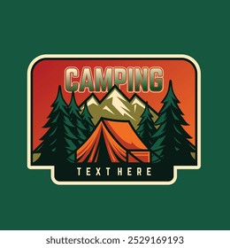 Forest camping adventure vector design, camping tent, campfire, pine tree, summer mountain graphic print for t shirt, sticker, poster, logo