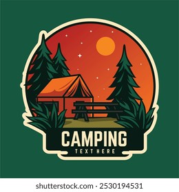 Diseño de Vector de aventura de camping forestal, tienda de campaña, fogata, pino, impresión gráfica de montaña de verano para camiseta, pegatina, póster, logotipo