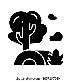 Icono negro de acampada forestal, ilustración conceptual, símbolo plano vectorial, signo de glifo.