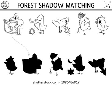 Forest or camping black and white shadow matching activity with cute animals. Road trip outline puzzle with birds, raven. Find the correct silhouette printable worksheet or coloring page. 
