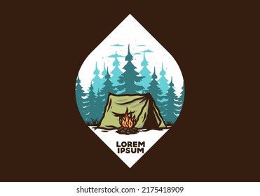 Forest camping with bonfire illustration badge design