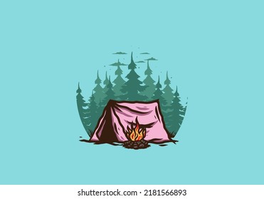 Forest camping with bonfire illustration badge design