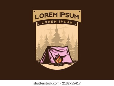 Forest camping with bonfire illustration badge design