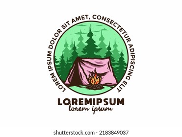 Forest camping with bonfire illustration badge design
