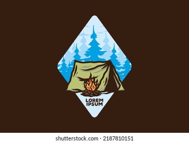 Forest camping with bonfire illustration badge design
