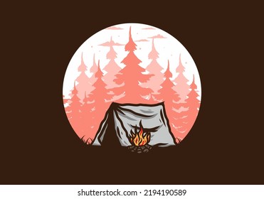 Forest camping with bonfire illustration badge design