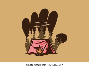 Forest camping with bonfire illustration badge design