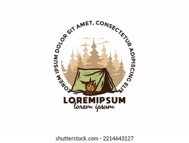 Forest camping with bonfire illustration badge design