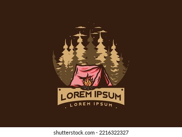 Forest camping with bonfire illustration badge design